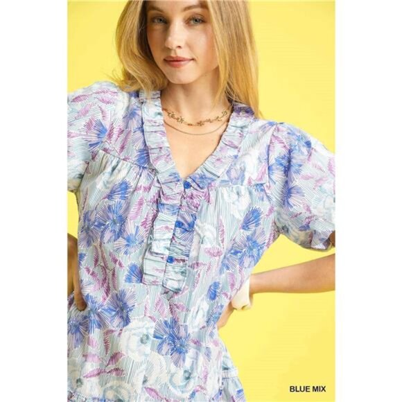 Umgee Floral Ruffled‎ Puff Sleeve Mini Dress - Picture 5 of 5